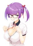  1girl black-framed_eyewear blue_eyes blush bow bowtie breasts cleavage glasses hair_ribbon large_breasts looking_at_viewer maeda_risou original purple_hair ribbon shirt short_hair short_twintails simple_background solo twintails unbuttoned white_background white_shirt 