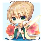  1girl ahoge artoria_pendragon_(all) artoria_pendragon_(swimsuit_archer) bangs big_head blonde_hair blush bow braid breasts cape casual_one-piece_swimsuit chibi closed_mouth commentary_request covered_navel excalibur eyebrows_visible_through_hair fate/grand_order fate_(series) flower food fur-trimmed_cape fur_trim green_cape green_eyes hair_between_eyes hair_bun holding holding_food holding_sword holding_weapon medium_breasts multicolored multicolored_cape multicolored_clothes one-piece_swimsuit orange_bow popsicle red_flower smile solo sparkle swimsuit sword twitter_username weapon white_swimsuit yellow_cape yukiyuki_441 