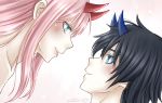  1boy 1girl bangs black_hair blue_eyes blue_horns blush commentary couple darling_in_the_franxx english_commentary face-to-face facing_another green_eyes hetero hiro_(darling_in_the_franxx) horns long_hair looking_at_another oni_horns pink_hair red_horns short_hair signature xwaterice zero_two_(darling_in_the_franxx) 