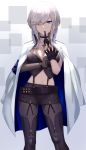  1girl adjusting_clothes adjusting_gloves azur_lane bangs belt black_gloves black_legwear black_skirt blue_eyes boots breasts choker cleavage cowboy_shot cross cross_necklace erect_nipples eternity_(pixiv8012826) eyebrows_visible_through_hair glove_in_mouth gloves hair_between_eyes highres jacket_on_shoulders jewelry large_breasts looking_at_viewer mole mole_on_breast mouth_hold navel necklace one_eye_closed pantyhose pencil_skirt short_hair sidelocks silver_hair skirt solo suspenders thigh-highs thigh_boots washington_(azur_lane) wrist_straps 