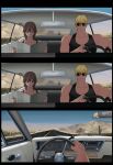  1boy 1girl black_shirt car comic dark_skin desert driving ground_vehicle highres indoors mk001black motor_vehicle original pov reading rear-view_mirror road self_upload shirt silent_comic sleeveless sunglasses tank_top vacation 