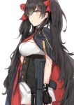  1girl assault_rifle bangs black_hair blush breasts brown_eyes bullpup cape closed_mouth double-breasted fingerless_gloves from_side girls_frontline gloves gun hair_between_eyes hair_ribbon holding holding_gun holding_weapon large_breasts long_hair looking_at_viewer mudiv necktie pleated_skirt qbz-95 qbz-97_(girls_frontline) red_ribbon ribbon rifle shirt sidelocks simple_background skirt solo twintails underbust very_long_hair weapon white_background white_shirt 