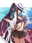  1girl bangs bikini bikini_skirt black_bikini black_hair blue_ribbon blunt_bangs bow breasts cleavage clouds cloudy_sky coat cosplay cowboy_shot fate/grand_order fate_(series) food front-tie_top gradient_hair hair_ribbon hat holding ice_cream long_hair long_sleeves looking_at_viewer medium_breasts multicolored_hair navel open_clothes open_coat open_mouth oryou_(fate) pink_bow pink_eyes pink_hair ribbon sakamoto_ryouma_(fate) sakamoto_ryouma_(fate)_(cosplay) sky swimsuit v very_long_hair white_coat white_hat ya_4004 