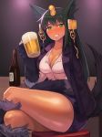  1girl :d absurdres alcohol alternate_costume animal_ears anubis_(monster_girl_encyclopedia) beer beer_mug blush bottle breasts cleavage collared_shirt commission drunk green_eyes hair_ornament hand_up highres holding jacket_on_shoulders large_breasts legs_crossed looking_at_viewer miniskirt monster_girl monster_girl_encyclopedia open_mouth paws pencil_skirt popped_collar purple_skirt sake_bottle shirt skirt smile snake_hair_ornament solo sookmo stool tail white_shirt wolf_ears wolf_tail 