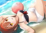  1girl absurdres adapted_costume ball beach beachball belly bikini black_bikini blush breasts brown_eyes brown_hair collarbone eyebrows_visible_through_hair floating hairband highres kantai_collection light_particles looking_at_viewer looking_up low_twintails lying medium_breasts ocean orange_hairband red_hairband remodel_(kantai_collection) sand selvalanch shiratsuyu_(kantai_collection) short_hair shorts solo swimsuit twintails water wet 
