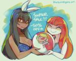  2018 2girls ^_^ ball beachball bikini_top black_hair blue_revolver breasts cleavage closed_eyes commentary dark_skin english_commentary eric_muentes hairband long_hair mae_(blue_revolver) multiple_girls official_art one-piece_swimsuit orange_hair promotional_art red_eyes smile summer swimsuit valerie_(blue_revolver) watermark web_address 