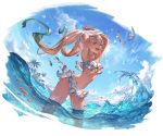  1girl :d armpits arms_up bangs bikini bikini_skirt bird blonde_hair blue_eyes blue_sky blush clouds dark_skin day fish gluteal_fold gradient_hair granblue_fantasy green_hair io_euclase lips long_hair looking_at_viewer minaba_hideo multicolored_hair navel ocean official_art open_mouth outdoors palm_tree parted_bangs shirt_lift sky smile solo standing swimsuit transparent_background tree twintails upper_teeth very_long_hair water wet 