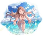  1girl bangs bare_shoulders bikini breasts brown_hair cleavage closed_eyes clouds cloudy_sky collarbone day earrings eyebrows_visible_through_hair granblue_fantasy jewelry katalina_aryze large_breasts long_hair minaba_hideo navel official_art open_mouth outdoors shiny sky smile solo splashing sunlight swimsuit transparent_background wading water water_drop white_bikini 