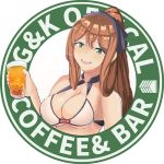  1girl :d alcohol alternate_costume bangs bare_shoulders beer bikini blush breasts brown_hair cleavage cup drinking_glass eyebrows_visible_through_hair girls_frontline green_eyes hair_between_eyes hair_ribbon hair_rings holding holding_drinking_glass large_breasts long_hair looking_at_viewer lsheng m1903_springfield_(girls_frontline) o-ring o-ring_top open_mouth ribbon sidelocks smile solo swimsuit 