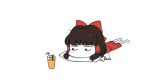  1girl animated animated_gif barefoot bow brown_hair chibi cup drink drinking_glass drinking_straw full_body hair_bow hair_tubes hakurei_reimu looking_up lying manamanami on_stomach orange_juice outstretched_arms pillow ribbon-trimmed_sleeves ribbon_trim skirt solo_focus touhou 
