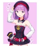  1girl arm_up bangs bare_shoulders belt_buckle beret black_collar black_dress black_hat blush buckle commentary detached_collar detached_sleeves dress eyebrows_visible_through_hair fate/grand_order fate_(series) hand_on_headwear hand_on_hip hat heart helena_blavatsky_(fate/grand_order) long_sleeves looking_at_viewer open_mouth peaked_cap pink_background puffy_long_sleeves puffy_sleeves purple_hair red_belt rocm_(nkkf3785) salute solo strapless strapless_dress tree_of_life twitter_username two-tone_background upper_teeth violet_eyes white_background 