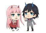  1boy 1girl bangs black_hair black_legwear blue_eyes blue_horns boots brown_footwear chibi commentary couple darling_in_the_franxx english_commentary eyebrows_visible_through_hair fangs green_eyes hair_ornament hairband hand_up hetero hiro_(darling_in_the_franxx) horns long_hair long_sleeves looking_at_another military military_uniform necktie oni_horns open_mouth orange_neckwear pantyhose pink_hair rachel_bouvier red_horns red_neckwear shoes short_hair socks uniform white_footwear white_hairband zero_two_(darling_in_the_franxx) 