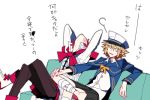  bandage bandage_over_one_eye barefoot blonde_hair coat couch fukase hat legs_crossed lowres male_focus multiple_boys oliver_(vocaloid) redhead sailor_collar sailor_hat shorts sitting uoshi_(uoshi777) vocaloid yellow_eyes 
