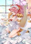  1girl absurdres ahoge animal_ears apron bell bell_collar blush breasts cake cat_hair_ornament cat_paws chaldea_uniform cleavage clouds collar day fangs fate/grand_order fate_(series) food fox_ears fox_tail fruit fujimaru_ritsuka_(female) gloves hair_ornament hair_ribbon hair_scrunchie highres indoors jingle_bell large_breasts long_hair looking_at_viewer maid_headdress naked_apron orange_eyes orange_hair orange_scrunchie paw_gloves paw_shoes paws pink_hair ponytail red_ribbon ribbon riyo_(lyomsnpmp)_(style) scrunchie shoes side_ponytail sitting skirt solo strawberry tail tamamo_(fate)_(all) tamamo_cat_(fate) 
