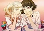  2girls blonde_hair breasts brown_hair chin_rest cleavage collarbone food gradient gradient_background grey_eyes ice_cream jewelry k_utao looking_at_viewer multiple_girls necklace niijima_makoto parted_lips persona persona_5 red_eyes shirt short_hair short_sleeves side_ponytail small_breasts takamaki_anne upper_body white_shirt 