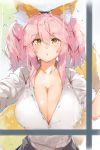  1girl absurdres alternate_costume animal_ears blush breasts cleavage clothes_around_waist collarbone denizen_tomo fate/extella fate/extra fate/grand_order fate_(series) fox_ears fox_tail highres jacket_around_waist large_breasts long_hair looking_at_viewer open_mouth pink_hair school_uniform shirt skirt solo tail tamamo_(fate)_(all) tamamo_jk_(fate) twintails type-moon unbuttoned yellow_eyes 