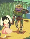  1boy 1girl ^_^ animal_ears arm_behind_head armor armored_boots arms_behind_back bamboo bamboo_forest barefoot belt_pouch black_hair boots breastplate closed_eyes commentary crossover day doom_(game) doomguy dress english_commentary floppy_ears flying_sweatdrops footprints forest full_armor full_body gun height_difference helmet holding holding_gun holding_weapon hole inaba_tewi leaf leaf_on_head long_dress looking_at_another medium_hair nature open_mouth outdoors pink_dress pouch puffy_short_sleeves puffy_sleeves rabbit_ears setz short_sleeves shotgun smile space_marine toes touhou visor walking weapon |d 