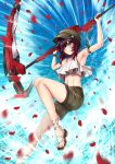  1girl adsouto alternate_costume armpits arms_up bangs black_hair blue_eyes blush brown_hat brown_shorts gradient_hair hat highres holding holding_weapon leg_up midriff multicolored_hair navel petals redhead rose_petals ruby_rose rwby scythe shorts smile solo stomach two-tone_hair weapon 
