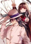  1boy 1girl arm_up bangs black_hair black_scarf black_shirt blue_eyes blurry blurry_background brown_hair closed_mouth commentary_request depth_of_field double_v eyebrows_visible_through_hair fate/grand_order fate_(series) gloves hair_between_eyes hand_on_headwear hand_up hat highres jacket long_hair long_sleeves mutang neckerchief oryou_(fate) red_eyes red_neckwear sakamoto_ryouma_(fate) scarf shirt smile torn_neckerchief v very_long_hair white_background white_gloves white_hat white_jacket 