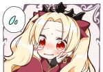  1girl bangs blonde_hair blush bow cape commentary_request earrings ereshkigal_(fate/grand_order) eyebrows_visible_through_hair fate/grand_order fate_(series) forehead hair_bow hands_on_own_cheeks hands_on_own_face highres infinity jako_(jakoo21) jewelry long_hair long_sleeves parted_bangs red_bow red_cape red_eyes sleeves_past_wrists solo spoken_flying_sweatdrops sweat tiara two_side_up very_long_hair 