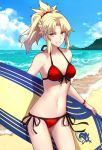  1girl bangs bare_shoulders beach bikini blonde_hair blue_sky bracelet braid breasts cleavage collarbone fate/apocrypha fate/grand_order fate_(series) french_braid green_eyes grin hair_ornament hair_scrunchie highres hips horizon jewelry long_hair looking_at_viewer medium_breasts mordred_(fate)_(all) mordred_(swimsuit_rider)_(fate) navel ocean parted_bangs ponytail red_bikini red_scrunchie scrunchie shiguru side-tie_bikini sidelocks sky smile solo surfboard swimsuit thighs waist 