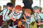  4boys backpack bag blonde_hair blue_hair blush free! glasses hana_bell_forest hand_on_another&#039;s_shoulder hazuki_nagisa highres jacket looking_at_another looking_to_the_side male_focus mikoshiba_momotarou multiple_boys nitori_aiichirou open_mouth pointing pose redhead ryuugazaki_rei silver_hair smile tote_bag 