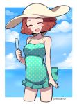  1girl ^_^ ^o^ bare_arms bare_legs bare_shoulders breasts closed_eyes curly_hair do_m_kaeru food hat medium_breasts okumura_haru one-piece_swimsuit persona persona_5 polka_dot polka_dot_swimsuit popsicle smile sun_hat swimsuit thighs 