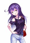  1girl akatsuki_(kantai_collection) bag blush breasts denim eyebrows_visible_through_hair hair_between_eyes jeans kantai_collection looking_at_viewer open_mouth pants purple_hair purple_shirt shirt small_breasts solo violet_eyes white_background yatsu_seisakusho 