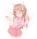  1girl animal_ears bangs blush brown_eyes brown_hair cat_ears cat_tail clenched_hands commentary_request cowboy_shot eyebrows_visible_through_hair hair_flaps hair_ornament hairclip kemonomimi_mode kuro_(kuroneko_no_kanzume) leaning_forward long_hair long_sleeves miniskirt notice_lines paw_pose pink_shirt pink_skirt plaid plaid_skirt pleated_skirt shirt skirt solo sweatshirt tail tokino_sora tokino_sora_channel yellow_outline 