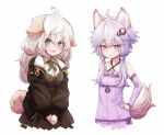  2girls :&lt; :d ahoge animal_ears bangs bare_shoulders black_jacket breasts collarbone detached_sleeves dog_ears dog_tail dress eyebrows_visible_through_hair grey_dress hair_between_eyes hair_ornament hand_on_hip jacket kemonomimi_mode kizuna_akari long_hair long_sleeves looking_at_viewer low_twintails medium_breasts mochi_(mochi444420) multiple_girls open_clothes open_jacket open_mouth purple_dress purple_hair simple_background smile tail twintails v_arms violet_eyes vocaloid voiceroid white_background white_hair yuzuki_yukari 