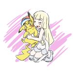  1boy 1girl blush e-122-psi hat highres hug lillie_(pokemon) pikachu pokemon pokemon_(anime) pokemon_(creature) pokemon_(game) pokemon_sm pokemon_sm_(anime) satoshi_(pokemon) 