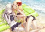  2girls abigail_williams_(fate/grand_order) all_fours ass bandeau bangs bare_shoulders barefoot beach bikini bikini_skirt black_bikini blonde_hair breasts butterfly_hair_ornament day fate/grand_order fate_(series) flower frilled_bikini frills from_side hair_flower hair_ornament hand_holding hibiscus highres interlocked_fingers lavender_hair lavinia_whateley_(fate/grand_order) long_hair looking_at_viewer lying multiple_girls navel on_back outdoors pale_skin parted_bangs redjuice small_breasts swimsuit very_long_hair violet_eyes wet wide-eyed 