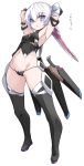  1girl armpits arms_up bandage bandaged_arm bangs bare_shoulders black_footwear black_legwear black_panties black_shirt boots breasts commentary_request dagger dual_wielding eyebrows_visible_through_hair fate/grand_order fate_(series) full_body green_eyes groin hair_between_eyes highres holding holding_dagger holding_weapon jack_the_ripper_(fate/apocrypha) karukan_(monjya) leaning_back looking_at_viewer lowleg lowleg_panties navel panties parted_lips scar scar_across_eye sheath shirt simple_background sleeveless sleeveless_shirt small_breasts solo standing thigh-highs thigh_boots translated underwear weapon white_background 
