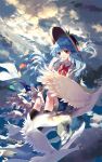  1girl bird blue_hair bow clouds food fruit hat highres hinanawi_tenshi ling_mou long_hair peach red_eyes sky touhou 