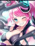  1girl aqua_eyes artist_request black_bikini_top black_gloves black_killers_(phantom_of_the_kill) breasts cleavage dog_tags earrings freikugel gloves hair_ornament hat jewelry large_breasts long_hair looking_at_viewer official_art one_eye_closed phantom_of_the_kill pink_hair smile 