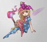  1girl :d bare_arms blonde_hair clownpiece dress fairy fairy_wings fire hat holding horizontal-striped_dress horizontal-striped_legwear horizontal_stripes jester_cap long_hair looking_at_viewer neck_ruff open_mouth pantyhose polka_dot polka_dot_hat purple_hat purple_wings sasa_kichi short_sleeves smile solo star star_print striped striped_dress striped_legwear torch touhou very_long_hair violet_eyes wings 