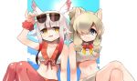  2girls adapted_costume alpaca_ears alpaca_suri_(kemono_friends) animal_ears bangs bare_arms bare_shoulders bikini bikini_top bird_tail bird_wings black_hair blue_eyes bracelet commentary_request eyebrows_visible_through_hair hair_bun hair_over_one_eye hair_tubes hand_on_eyewear japanese_crested_ibis_(kemono_friends) jewelry kemono_friends midriff multicolored_hair multiple_girls navel neck_ribbon pantyhose red_legwear redhead ribbon short_hair sidelocks sunglasses swimsuit wagiyabosa_jirou wings yellow_eyes 