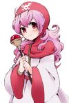  1girl commentary_request curly_hair dragon_quest dragon_quest_ii dress hat hood hood_up long_hair looking_at_viewer momoman3000 princess princess_of_moonbrook purple_hair solo weapon white_dress white_robe 