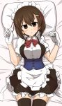  1girl absurdres alternate_costume apron bangs black_legwear black_skirt blush bow bowtie brown_eyes brown_hair commentary corset dress_shirt enmaided eyebrows_visible_through_hair frilled_apron frilled_skirt frills from_above girls_und_panzer gloves hair_ornament hair_ribbon hairclip highres kumo_(atm) looking_at_viewer lying maid maid_headdress miniskirt nishizumi_maho on_back on_bed parted_lips pillow puffy_short_sleeves puffy_sleeves red-framed_eyewear red_neckwear ribbon shirt short_hair short_sleeves skindentation skirt solo sweatdrop thigh-highs w_arms waist_apron white_apron white_gloves white_shirt 