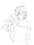  1girl bare_shoulders braid breasts cleavage collar collarbone commentary_request cosplay eyebrows_visible_through_hair feathered_wings french_braid hair_between_eyes hand_on_own_chest hand_up hecatia_lapislazuli hecatia_lapislazuli_(cosplay) kagaribino kishin_sagume large_breasts long_sleeves looking_at_viewer monochrome off-shoulder_shirt off_shoulder shirt short_hair simple_background single_wing solo touhou upper_body white_background wings work_in_progress 