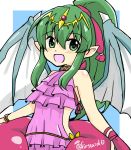  1girl bare_shoulders bracelet chiki dragon_wings fire_emblem fire_emblem:_mystery_of_the_emblem fire_emblem_heroes green_eyes green_hair jewelry long_hair mamkute open_mouth pink_swimsuit pointy_ears ponytail red_ribbon ribbon solo swimsuit twitter_username wings yukia_(firstaid0) 
