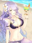  1girl beach bikini breasts camilla_(fire_emblem_if) cleavage cup day drinking_glass fire_emblem fire_emblem_heroes fire_emblem_if flower food fruit hair_flower hair_ornament hair_over_one_eye highres large_breasts long_hair nagisa_fe nail_polish navel orange orange_slice purple_hair sand sarong solo swimsuit violet_eyes water 