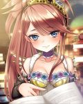  1girl artist_request blue_eyes blush book book_stack bookshelf brown_hair choker detached_sleeves goggles goggles_on_head hair_between_breasts long_hair official_art open_book paracelsus_(phantom_of_the_kill) phantom_of_the_kill ponytail smile 
