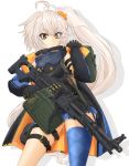  1girl ahoge ammunition_belt armlet bangs black_gloves black_shirt blue_coat blue_legwear blue_skirt carrying case checkered checkered_legwear closed_mouth commentary_request cowboy_shot eyebrows_visible_through_hair eyes_visible_through_hair frown girls_frontline gloves goggles gun hair_between_eyes highres holding ichigotofu long_hair long_sleeves looking_at_viewer machine_gun miniskirt pkp_(girls_frontline) pleated_skirt shadow shirt side_ponytail silver_hair simple_background single_thighhigh skirt sleeveless sleeveless_shirt solo standing thigh-highs thigh_strap v-shaped_eyebrows very_long_hair weapon weapon_request white_background yellow_eyes 