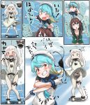  3girls blonde_hair blue_eyes blue_hair blush breasts brown_hair carrying comic dress gloves hair_ornament hairclip hat highres kantai_collection long_hair maya_(kantai_collection) medium_hair multicolored_hair multiple_girls northern_ocean_hime panties peaked_cap ponytail red_eyes sado_(kantai_collection) sailor_collar sailor_dress sailor_hat school_uniform serafuku shoulder_carry side-tie_panties small_breasts smile tama_(seiga46239239) translation_request underwear vest white_gloves white_hair 