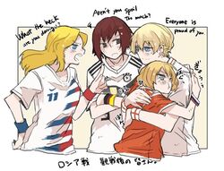  4girls :t asuka_(junerabitts) blonde_hair blue_eyes blush braid brown_eyes brown_hair darjeeling english engrish french_braid girls_und_panzer kay_(girls_und_panzer) multiple_girls nishizumi_maho nonna ranguage short_hair soccer_uniform sportswear translation_request world_cup wristband 