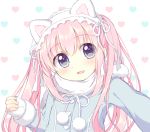  1girl :d animal_ears bangs blue_coat blue_eyes blush cat_ears eyebrows_visible_through_hair fingernails frills fringe fur-trimmed_sleeves fur_trim hair_between_eyes head_tilt heart heart_background long_hair long_sleeves looking_at_viewer open_mouth original outstretched_arm pom_pom_(clothes) ribbon riria_(happy_strawberry) scarf sleeves_past_wrists smile solo twintails white_background white_ribbon white_scarf 