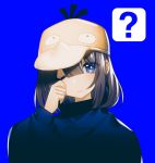  1girl ? arm_up blue_background blue_eyes blue_shirt brown_hair closed_mouth commentary_request flat_cap gen_1_pokemon hat head_tilt long_hair long_sleeves looking_at_viewer one_eye_closed original pokemon prophet_chu psyduck puffy_long_sleeves puffy_sleeves rubbing_eyes shirt simple_background solo spoken_question_mark twitter_username yellow_hat 