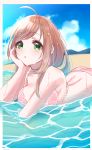  1girl :o ahoge ass bare_arms bare_shoulders beach bikini blue_sky blush breasts brown_hair clouds day eyebrows_visible_through_hair green_eyes hand_on_own_cheek head_rest highres idolmaster idolmaster_cinderella_girls large_breasts long_hair looking_at_viewer lying misumi_(macaroni) ocean on_stomach outdoors partially_submerged pink_bikini sand satou_shin sky solo swimsuit water wet 