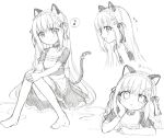  1girl :d :t animal_ears apron arm_support arm_up bangs blush braid cat_ears cat_girl cat_tail choker closed_mouth collarbone dress eighth_note eyebrows_visible_through_hair greyscale hair_between_eyes hair_ribbon highres knees_together_feet_apart long_hair maid monochrome multiple_views musical_note no_shoes open_mouth original pout ribbon riria_(happy_strawberry) short_sleeves sitting sketch smile spoken_musical_note tail tail_garter tail_raised thigh-highs very_long_hair waist_apron 